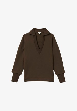 Sweatshirt brun à col en V large, à manches courtes et avec des poignets côtelés. Fabriqué en tissu doux avec une coupe décontractée.