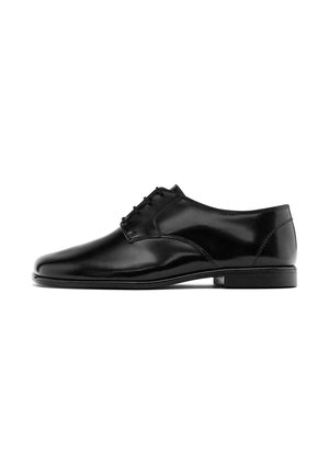 Black leather dress shoe with smooth surface, rounded toe, and minimal stitching. Features lace-up closure and flat rubber sole.