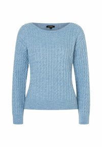 Hellblau gestrickter Pullover mit rundem Halsausschnitt, langen Ärmeln und strukturierten Zopfmustern. Rippenbündchen und Saum.