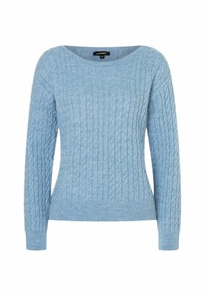 Light blue knitted sweater with a round neckline, long sleeves, and textured cable patterns throughout. Ribbed cuffs and hem.