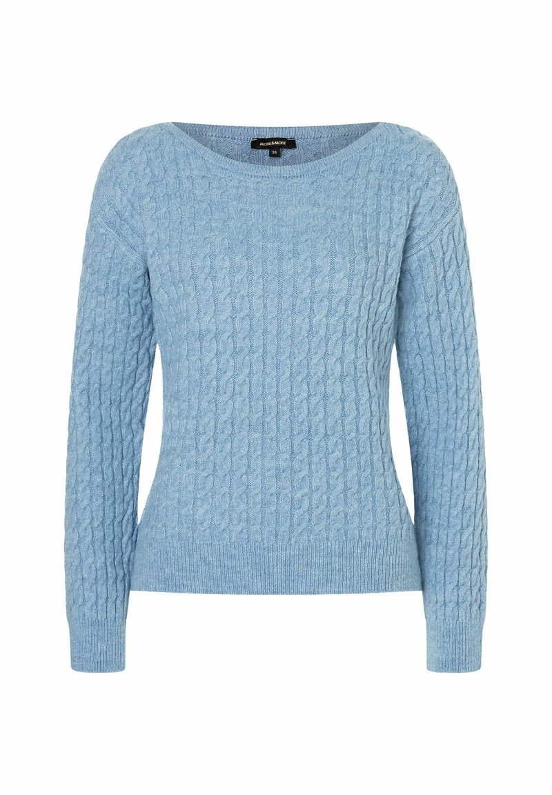 Hellblau gestrickter Pullover mit rundem Halsausschnitt, langen Ärmeln und strukturierten Zopfmustern. Rippenbündchen und Saum.