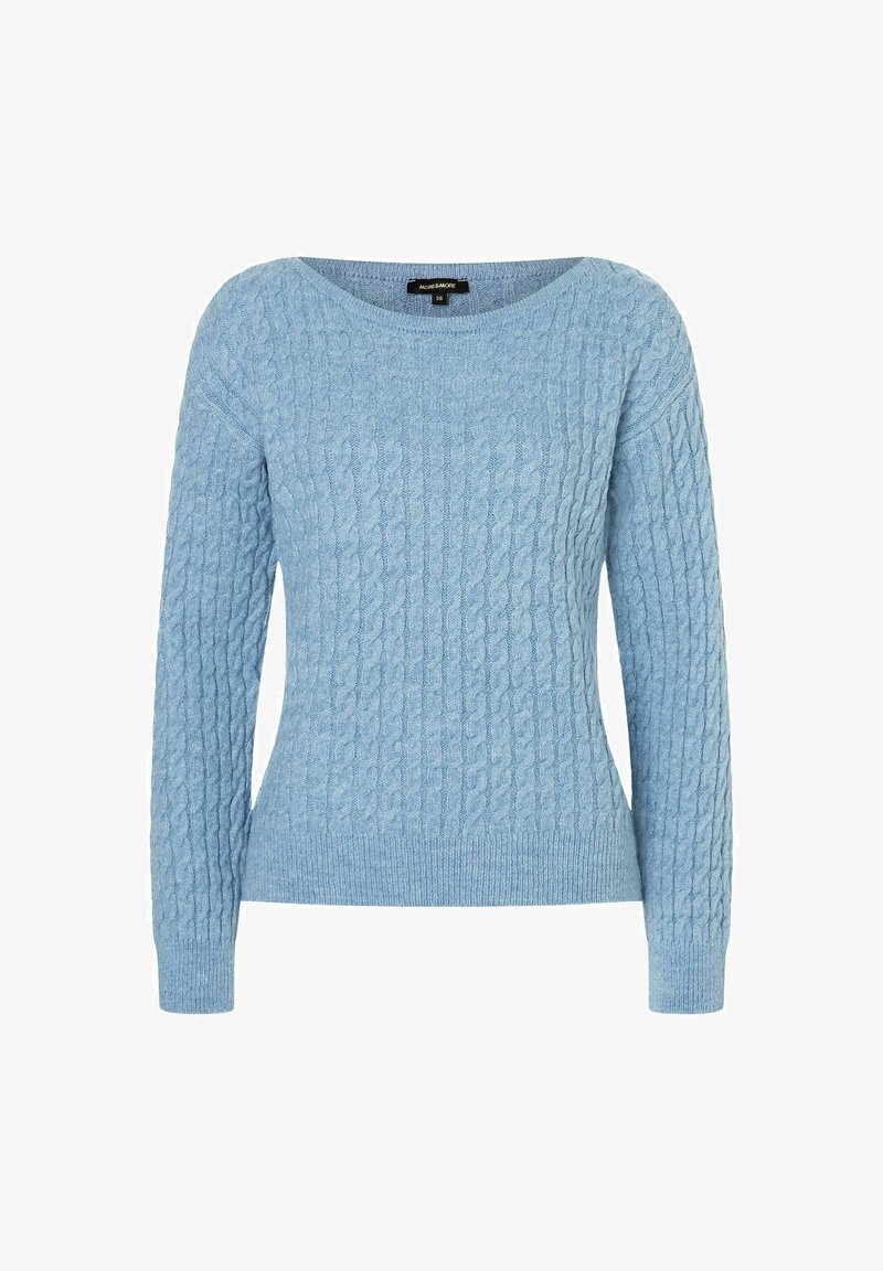 Hellblau gestrickter Pullover mit rundem Halsausschnitt, langen Ärmeln und strukturierten Zopfmustern. Rippenbündchen und Saum.