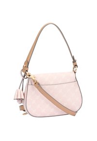 Light pink handbag with a textured finish, gold hardware, and a detachable tassel. Features a curved design and a shoulder strap.