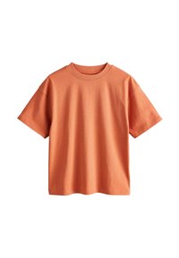 Lühikeste varrukatega oranž puuvillane t-särk, millel on ümar kaelus, sirge lõige ja sile tekstuur ilma mustrite või aksentideta.