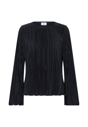 Zwarte blouse met lange mouwen, ribbelstructuur, ronde halslijn en licht uitlopende manchetten, weergegeven op een witte achtergrond.