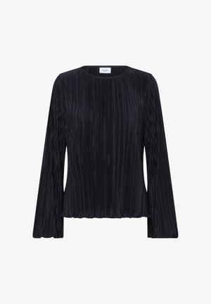 Must mustripsiga must pikkade varrukatega pluus, ümmargune kaelus ja veidi laienevad mansetid, esitatud valge tausta peal.