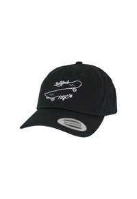 Black cotton baseball cap with a curved brim. Features white embroidered text and skateboard graphics. Adjustable strap at the back.