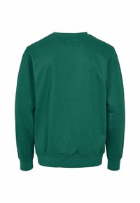 Sweat-shirt vert foncé à manches longues avec poignets et bas côtelés, vu de dos sur un fond blanc.