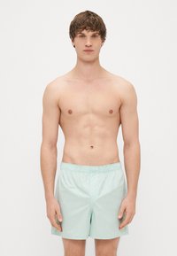 Șorturi de baie verde deschis, fabricate dintr-un material ușor, având o bandă elastică la talie, cu o textură simplă și netedă, fără modele vizibile.