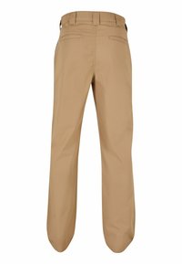 Khaki trousers with a straight leg design, made from smooth fabric, featuring waistbelt loops and two back pockets.