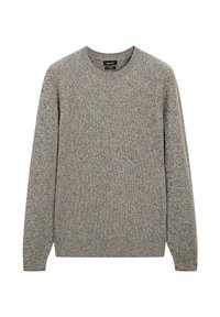 Maglione grigio lavorato a maglia con maniche lunghe, collo a giro, e un tessuto testo. Presenta maniche raglan e un orlo dritto. Senza motivi visibili o chiusure.