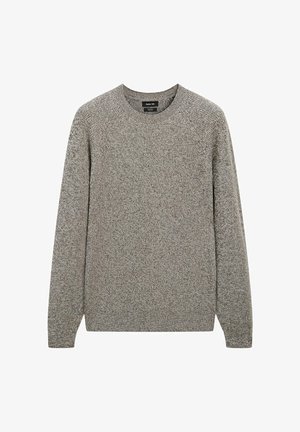 Gray knitted sweater with long sleeves, crew neck, and a textured fabric. Features raglan sleeves and a straight hem. No visible patterns or hardware.