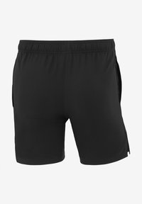 Zwarte sportshorts met een elastische tailleband en zijzakken. Glad materiaal, half-dij lengte en eenvoudig ontwerp zonder zichtbaar merk.