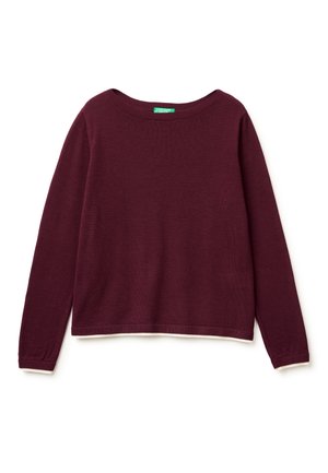Maglione a maniche lunghe con scollo tondo color bordeaux scuro, con polsini e orlo a coste, disteso su sfondo bianco.
