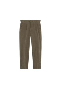 Pantalones de pana en color caqui con corte recto, que cuentan con dos bolsillos laterales, cierre frontal con botón y detalles con pliegues en la parte delantera.