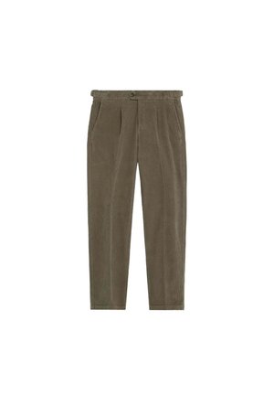 Pantalones de pana en color caqui con corte recto, que cuentan con dos bolsillos laterales, cierre frontal con botón y detalles con pliegues en la parte delantera.