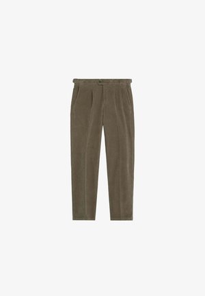 Pantaloni in corduroy khaki a taglio dritto, con due tasche laterali, chiusura frontale con bottone e dettagli plissettati lungo il davanti.