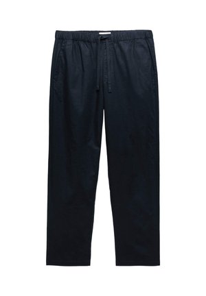 Herren schwarze Freizeithose mit elastischem Bund und Kordelzug, gerader Beinabschluss, Seitentaschen, leichter Stoff.