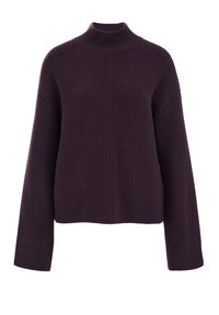 Pull en maille côtelée violet foncé avec manches longues et col montant, présentant une coupe décontractée et des épaules légèrement abaissées.