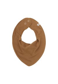 Brązowy śliniak dla niemowląt z regulowanymi zapięciami na napy i miękkim materiałem, zaprojektowany z myślą o łatwym zakładaniu i komforcie.