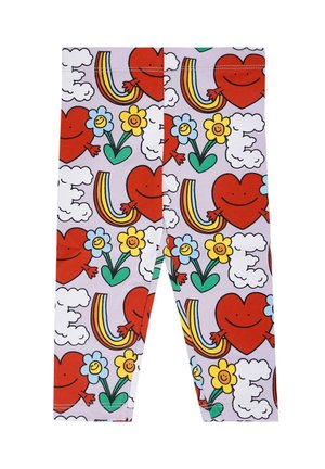 Kolorowe legginsy z fioletowym tłem, na którym znajdują się czerwone serca, uśmiechnięte kwiaty, tęcze i chmury w wesołym, kreskówkowym stylu.