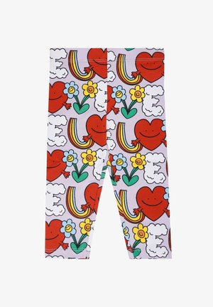 Leggings colorati con uno sfondo viola decorato con cuori rossi, fiori sorridenti, arcobaleni e nuvole, in uno stile divertente e cartoonesco.