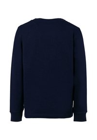 Camicia a maniche lunghe blu navy, realizzata in tessuto morbido. Presenta un collo arrotondato e maniche con polsini. Nessun motivo o logo visibile.