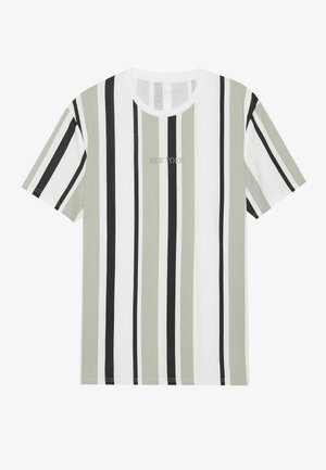 Črtasta majica z vertikalnimi črtami v mint zeleni, črni in beli barvi, z izvezenim napisom "NEW YORK" na sprednji strani. Kratki rokavi, okrogel ovratnik.