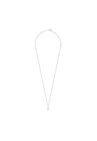 Collar de plata con una cadena fina y un solo colgante redondo. El colgante es transparente y suave, reflejando la luz.