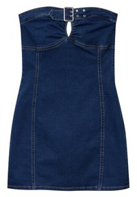 Robe sans bretelles en denim bleu foncé avec une découpe à l'avant, un buste froncé et une boucle décorative à la taille. Finition avec des coutures contrastantes.