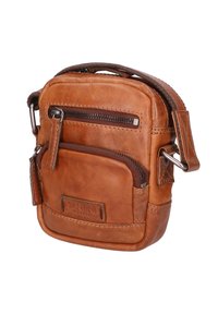 Borsa a tracolla in pelle marrone con finitura testurizzata, dotata di una tasca anteriore con zip e una tracolla regolabile. Logo impresso sul davanti.