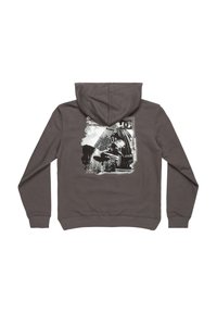 Grijze hoodie met een voorzak in kangoeroestijl, een trekkoord capuchon en een grafische print op de achterkant met zwart-witte ontwerpen en tekst.