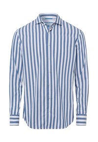 Långärmad skjorta med knappar, i blå och vita vertikala ränder, med spetsig krage och en bröstficka på vänster sida.
