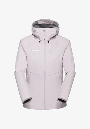 Light lavender outdoor jacket with a zippered front, adjustable hood, and grey accents. Features side pockets and elastic cuffs.