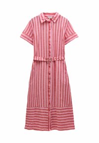 Rot- und rosa gestreiftes Leinenkleid mit kurzen Ärmeln, einem Kragen, einer vorderen Knopfleiste und einem passenden Gürtel in der Taille.