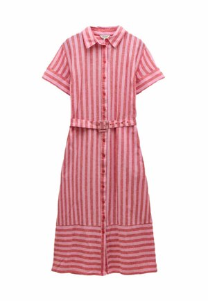 Red and pink striped linen dress with short sleeves, a collar, front button closure, and a matching belt at the waist.