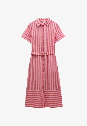 Red and pink striped linen dress with short sleeves, a collar, front button closure, and a matching belt at the waist.