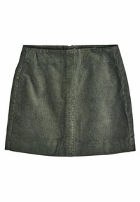 Grøn kordfløjls miniskirt med vertikal ribbet tekstur, der har en tætsiddende talje og diskret syning langs sømmene.
