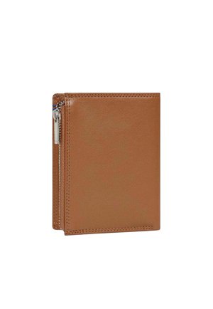 Portefeuille en cuir marron, design pliable en deux, avec un compartiment zippé sur le côté, texture lisse et couture soignée.