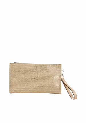 Metallinho beige punottu clutch, jossa on sileä nahkainen rannekke ja vetoketjukiinnitys. Rakennetta antava hieno tekstuuri.