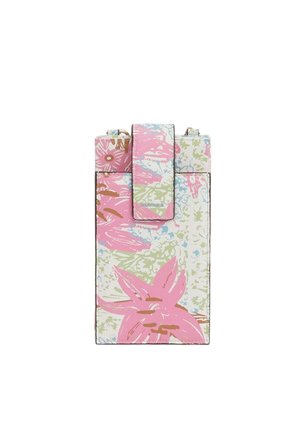 Piccola custodia rettangolare floreale per telefono con fiori rosa, verdi e blu e chiusura con patta frontale.