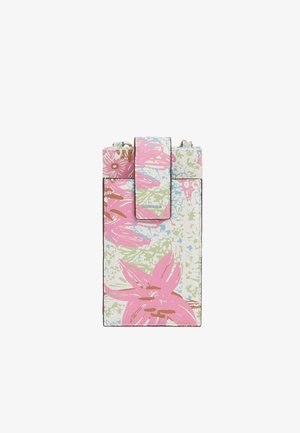 Piccola custodia rettangolare floreale per telefono con fiori rosa, verdi e blu e chiusura con patta frontale.
