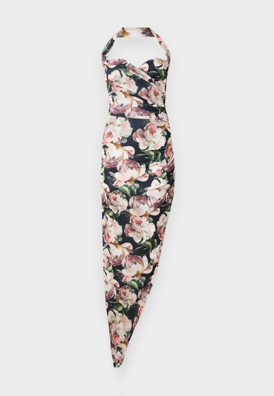 Blumenkleid mit Trägern, tailliertem Oberteil und schmal zulaufendem Rock, mit schwarzem Hintergrund und rosa Pfingstrosenmuster. Mischgewebe aus Baumwolle.
