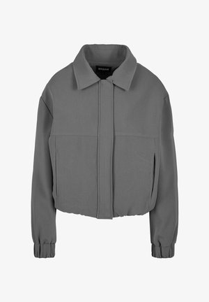 Gekürzte graue Jacke aus einem glatten Material, mit einem spitzen Kragen, Frontreißverschluss und elastischen Bündchen. Zwei Fronttaschen sind enthalten.