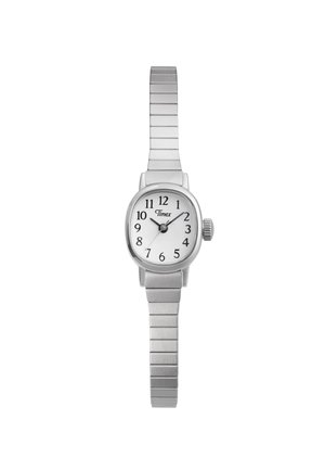 Sølv Timex armbåndsur med en hvid urskive, sorte arabertal, tre visere og et fleksibelt metalbånd, der viser kl. 1:10:37.