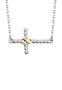 Silverkedja med ett korsdesign dekorerat med klara kristaller och en guldig oändlighetssymbol i mitten.