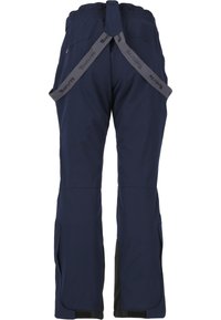 Marinblå vattentäta skidbyxor med justerbara bälten, elastisk midja och förstärkta nederkanter. Har sidofickor och en slät yta.