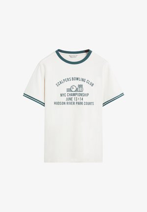 White cotton T-shirt with teal accents on the collar and sleeves. Features printed blue text and graphics related to bowling events.
