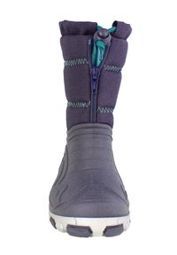 Donkerblauwe waterdichte laars met een gestructureerde rubberen zool, ritssluiting en een gevoerde enkelsluiting die is vastgezet met elastiek en een togglesluiting.