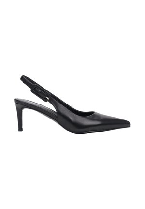 Escarpin slingback en cuir noir avec bout pointu, talon stiletto de hauteur moyenne et bride réglable avec boucle.